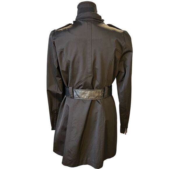 Worthington Black Mock Neck Edgy Belted Asymmetrical Zip Trench Size M - Picture 2 of 7